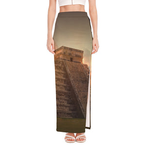 Mayan Pyramid Print High Slit Maxi Skirt