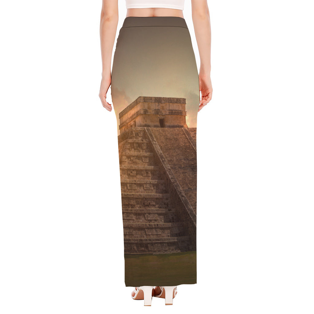 Mayan Pyramid Print High Slit Maxi Skirt