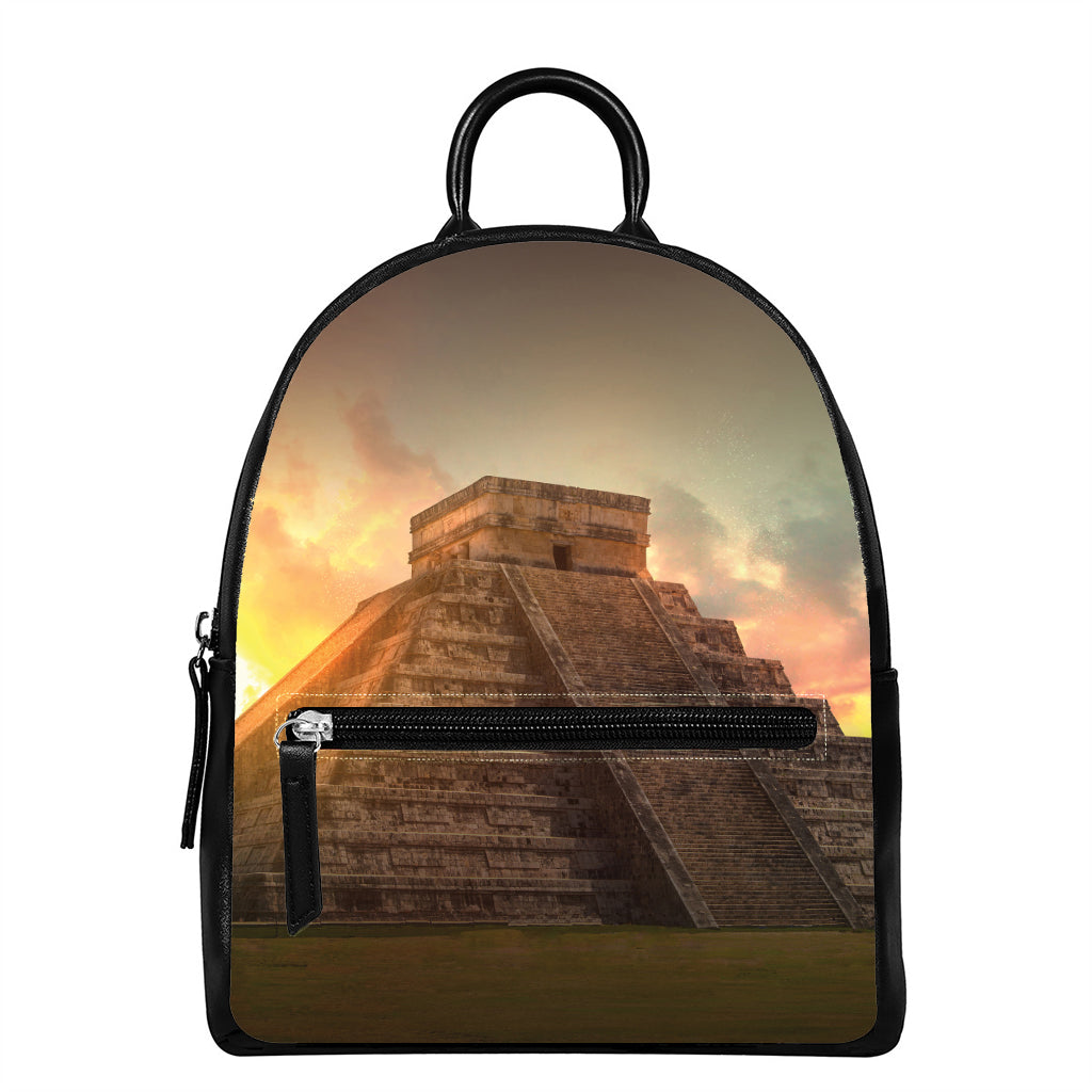 Mayan Pyramid Print Leather Backpack