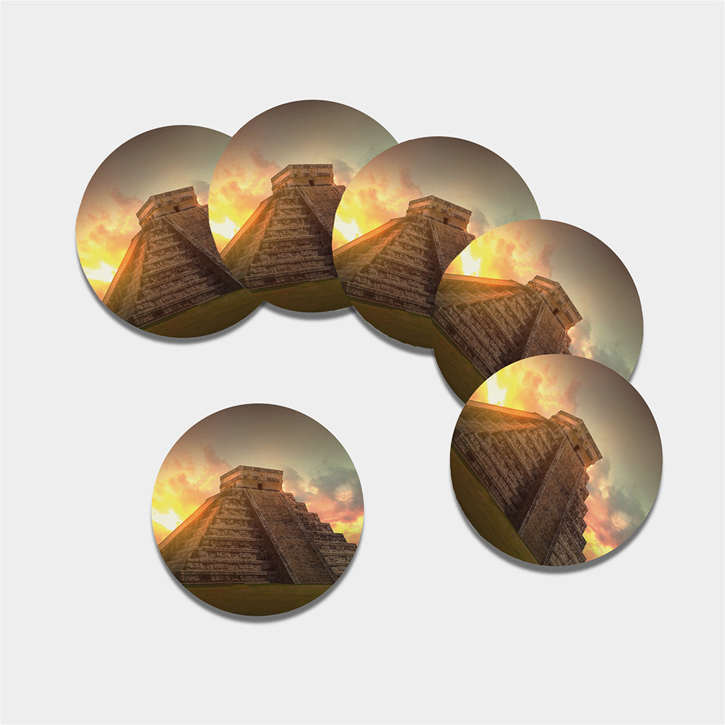 Mayan Pyramid Print Leather Coaster Set