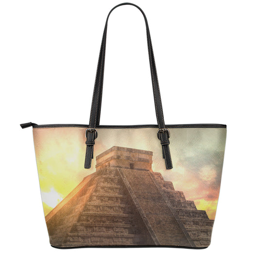 Mayan Pyramid Print Leather Tote Bag