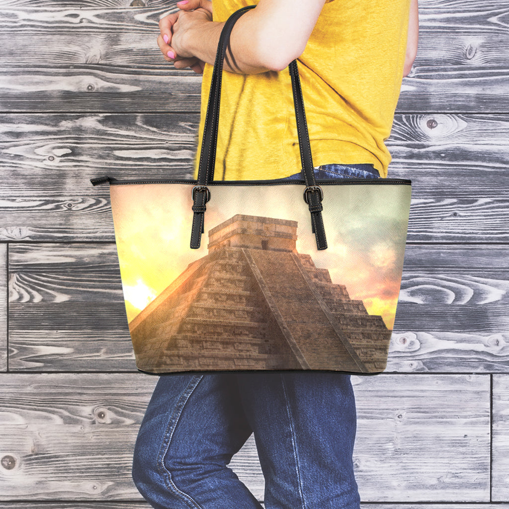 Mayan Pyramid Print Leather Tote Bag