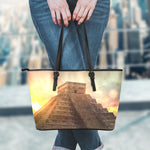 Mayan Pyramid Print Leather Tote Bag