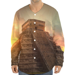 Mayan Pyramid Print Long Sleeve Baseball Jersey