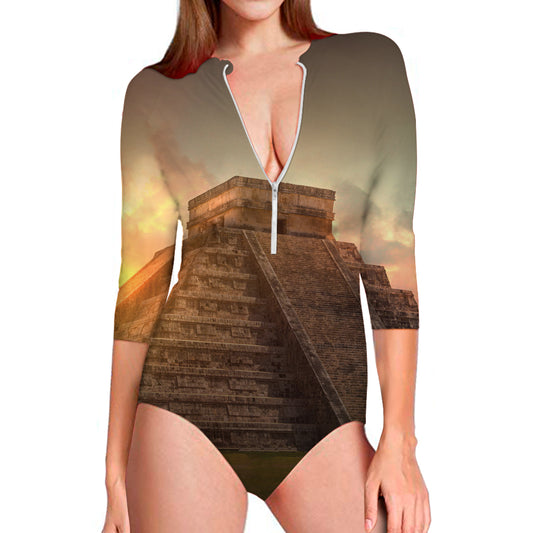 Mayan Pyramid Print Long Sleeve Swimsuit
