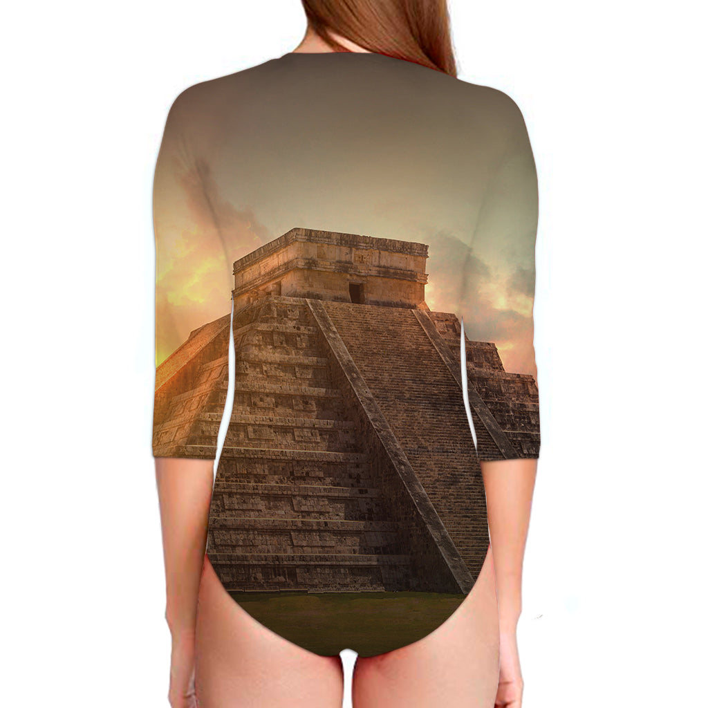 Mayan Pyramid Print Long Sleeve Swimsuit