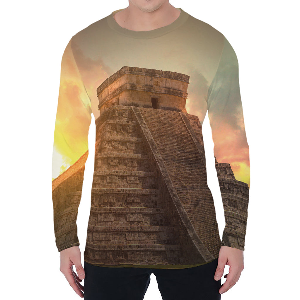 Mayan Pyramid Print Men's Long Sleeve T-Shirt