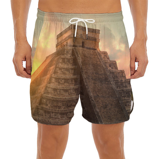 Mayan Pyramid Print Men's Split Running Shorts