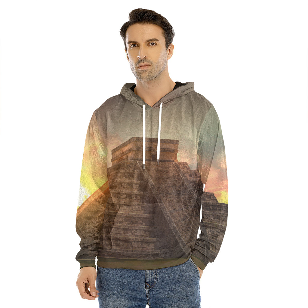 Mayan Pyramid Print Men's Velvet Pullover Hoodie