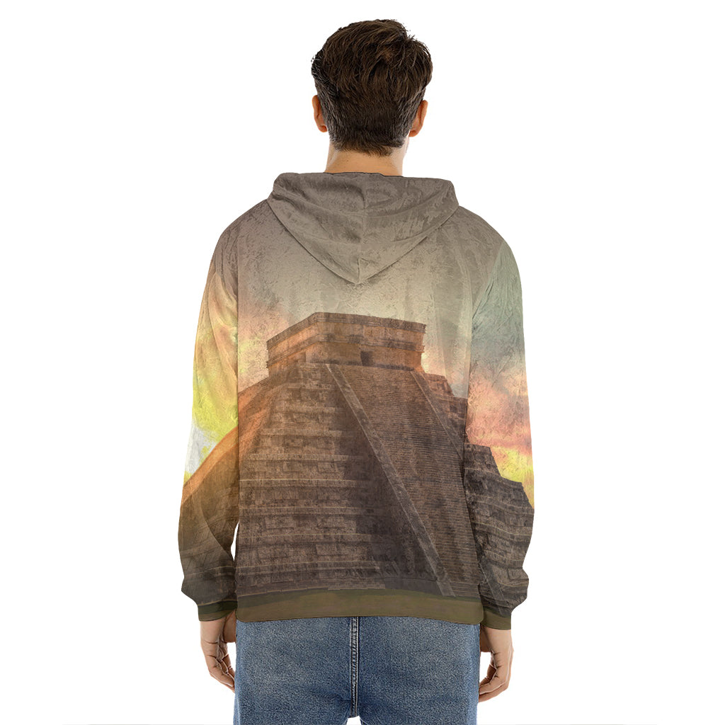 Mayan Pyramid Print Men's Velvet Pullover Hoodie