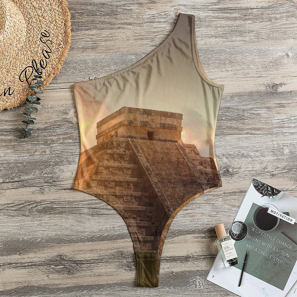 Mayan Pyramid Print One Shoulder Bodysuit