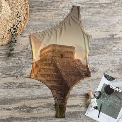 Mayan Pyramid Print One Shoulder Bodysuit
