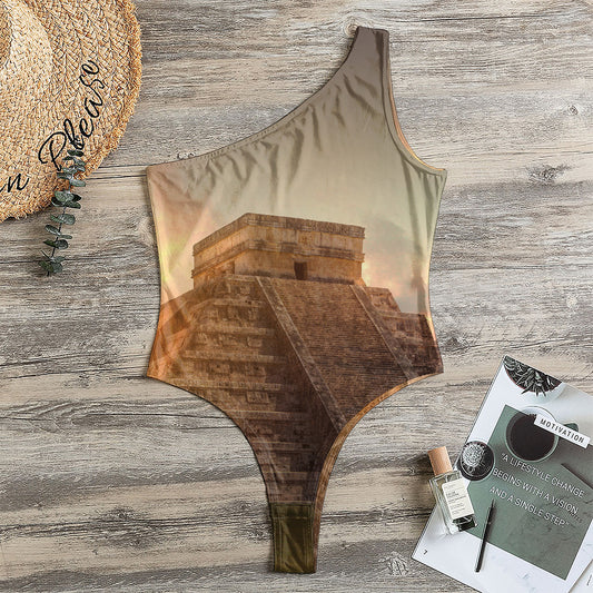 Mayan Pyramid Print One Shoulder Bodysuit
