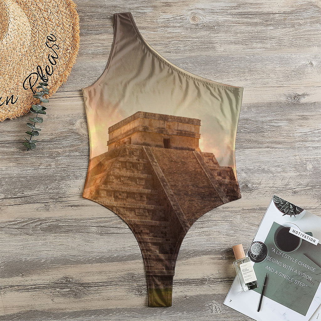 Mayan Pyramid Print One Shoulder Bodysuit