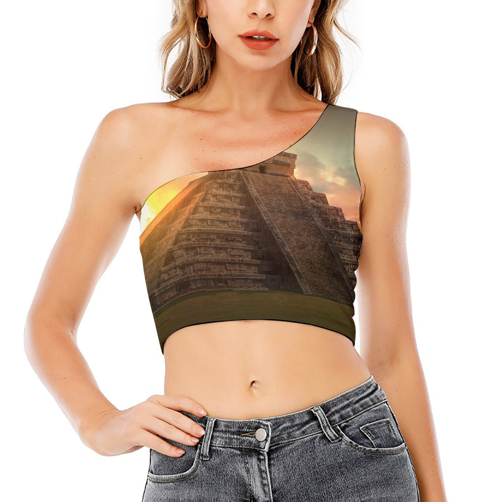 Mayan Pyramid Print One Shoulder Crop Top