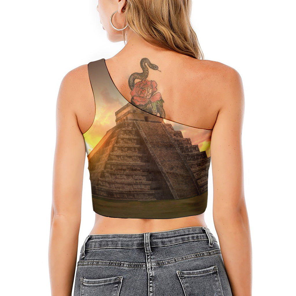 Mayan Pyramid Print One Shoulder Crop Top