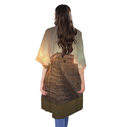 Mayan Pyramid Print Open Front Beach Cover Up