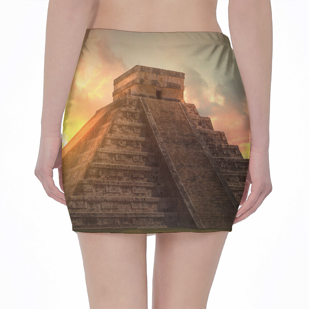 Mayan Pyramid Print Pencil Mini Skirt