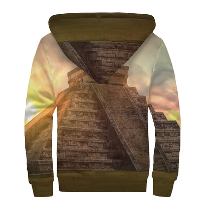 Mayan Pyramid Print Sherpa Lined Zip Up Hoodie