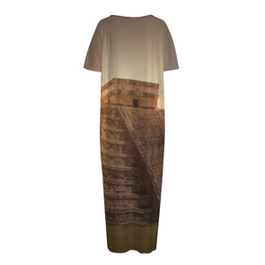 Mayan Pyramid Print Short Sleeve Long Nightdress