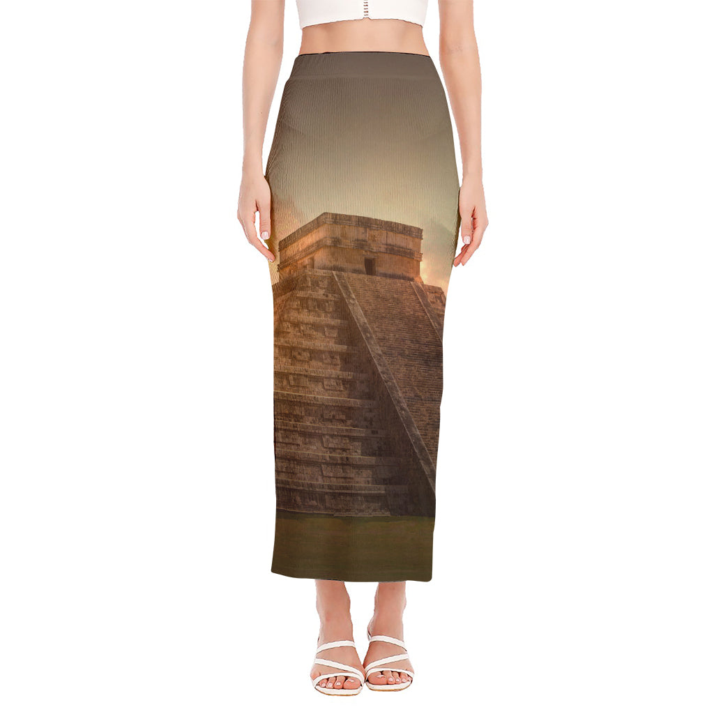 Mayan Pyramid Print Side Slit Maxi Skirt