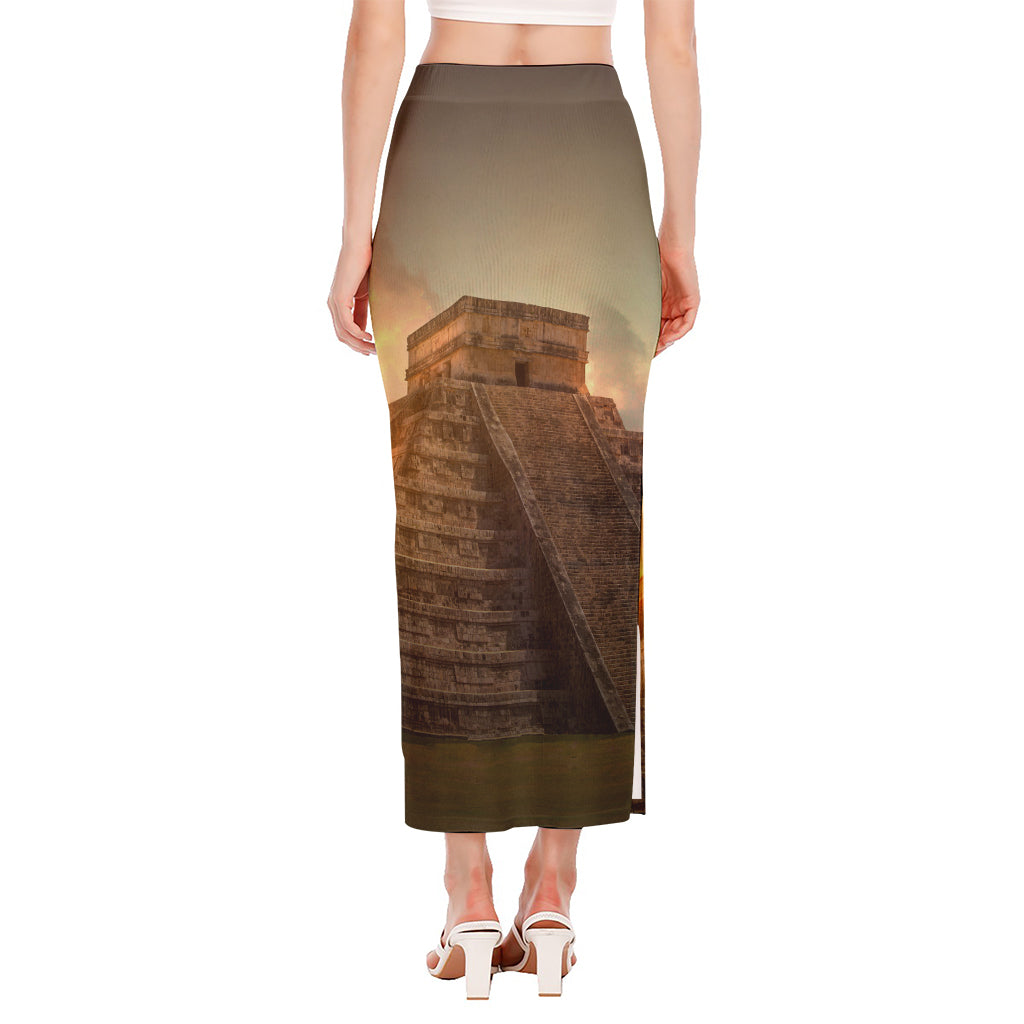 Mayan Pyramid Print Side Slit Maxi Skirt