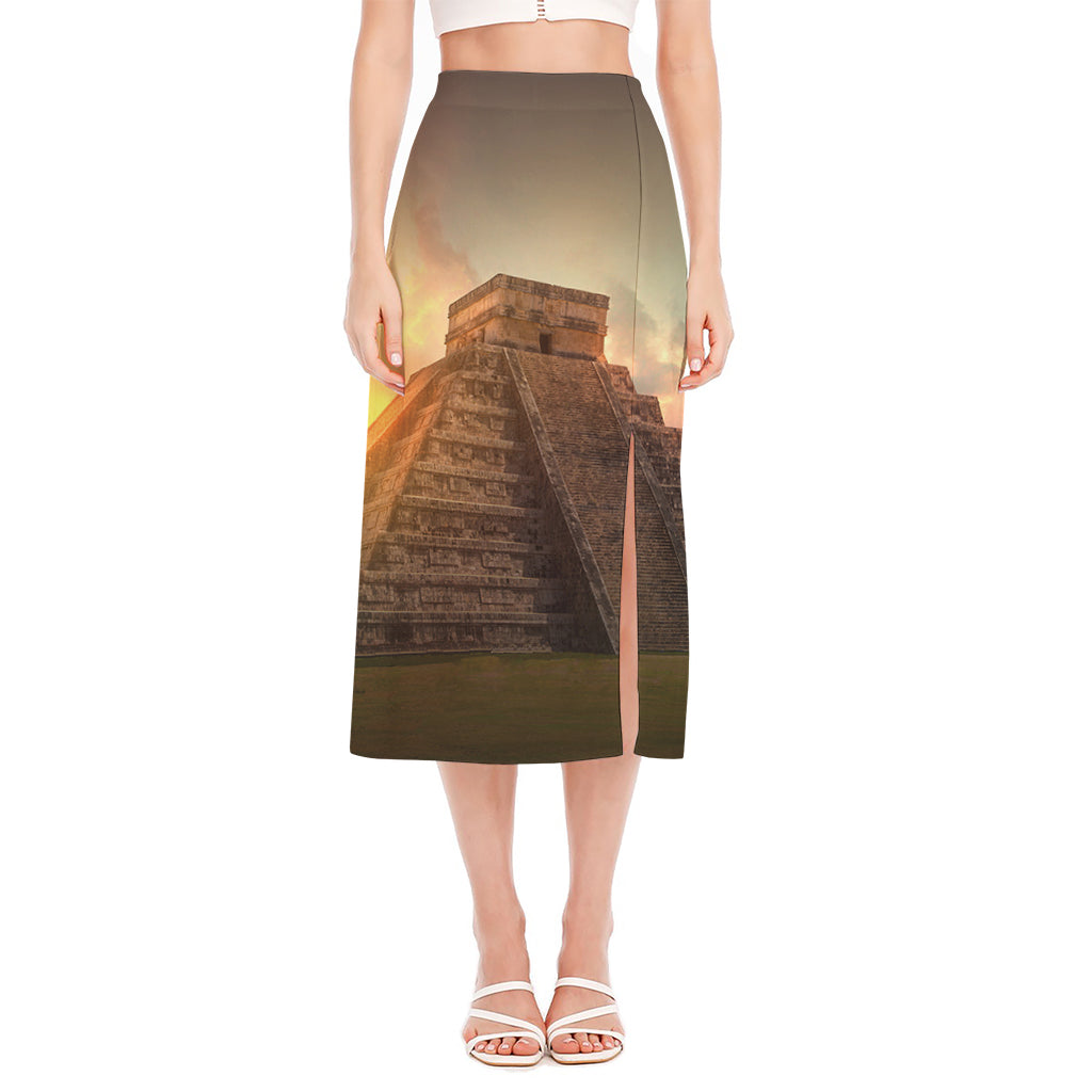 Mayan Pyramid Print Side Slit Midi Skirt