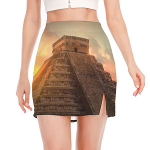 Mayan Pyramid Print Side Slit Mini Skirt