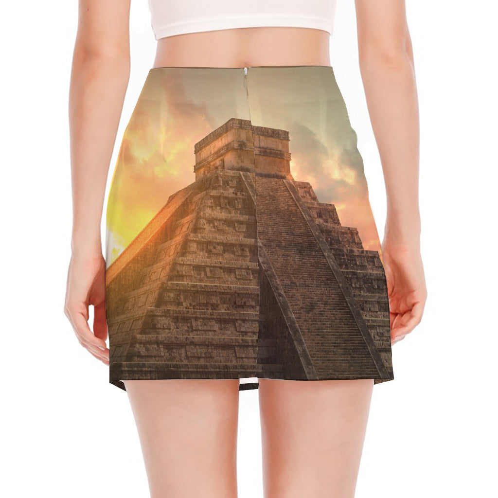 Mayan Pyramid Print Side Slit Mini Skirt