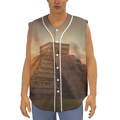 Mayan Pyramid Print Sleeveless Baseball Jersey