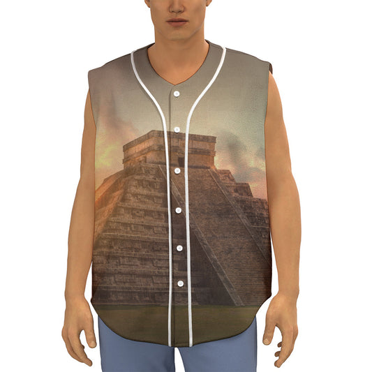 Mayan Pyramid Print Sleeveless Baseball Jersey