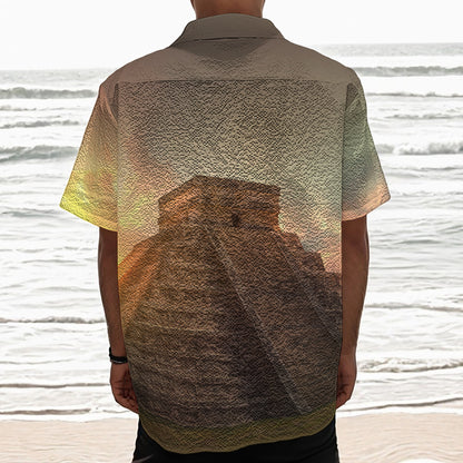 Mayan Pyramid Print Textured Short Sleeve Shirt