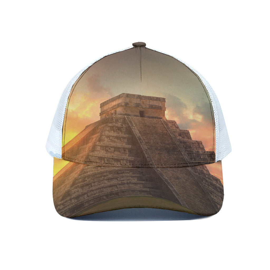 Mayan Pyramid Print White Mesh Trucker Cap
