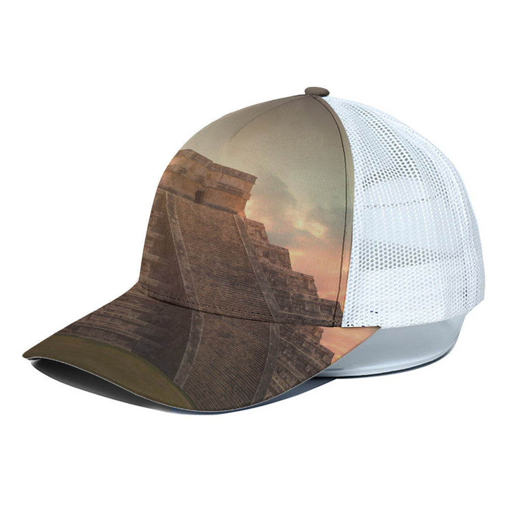 Mayan Pyramid Print White Mesh Trucker Cap