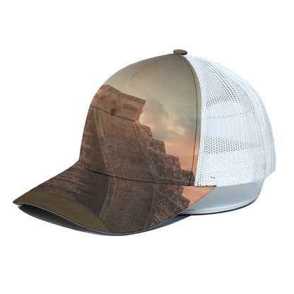 Mayan Pyramid Print White Mesh Trucker Cap