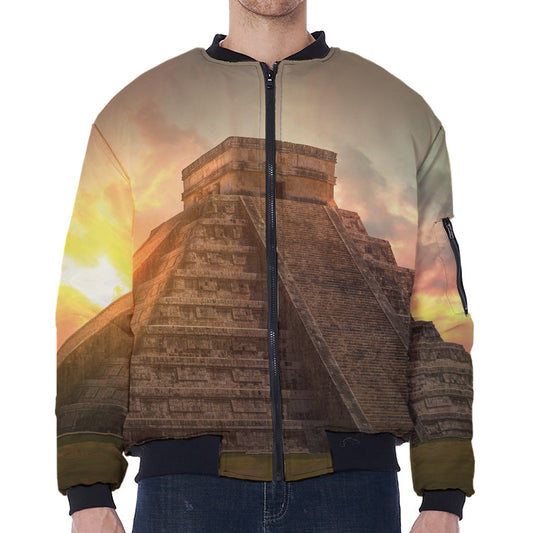 Mayan Pyramid Print Zip Sleeve Bomber Jacket