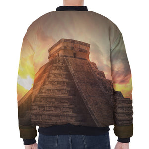 Mayan Pyramid Print Zip Sleeve Bomber Jacket