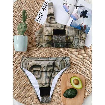 Mayan Stone Print One Shoulder Bikini Top