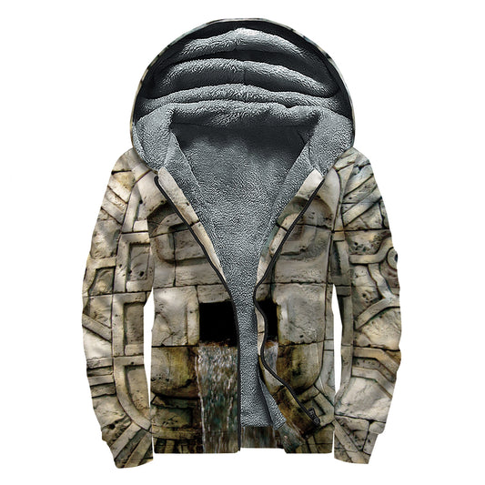 Mayan Stone Print Sherpa Lined Zip Up Hoodie