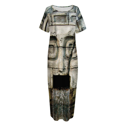 Mayan Stone Print Short Sleeve Long Nightdress