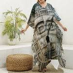 Mayan Stone Print Silk V-Neck Kaftan Dress