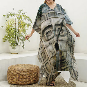 Mayan Stone Print Silk V-Neck Kaftan Dress