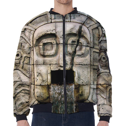 Mayan Stone Print Zip Sleeve Bomber Jacket