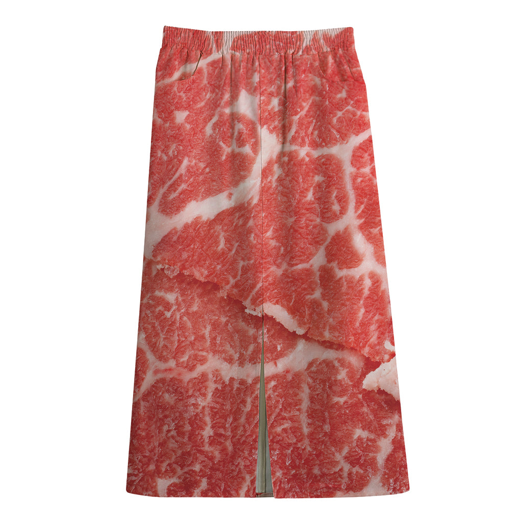 Meat Print Cotton Front Slit Maxi Skirt