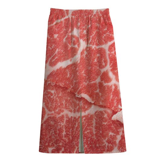 Meat Print Cotton Front Slit Maxi Skirt
