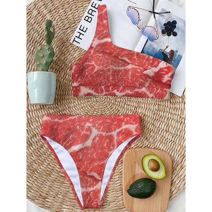 Meat Print One Shoulder Bikini Top
