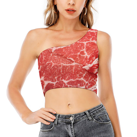 Meat Print One Shoulder Crop Top