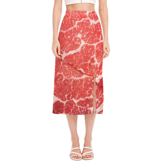 Meat Print Side Slit Midi Skirt