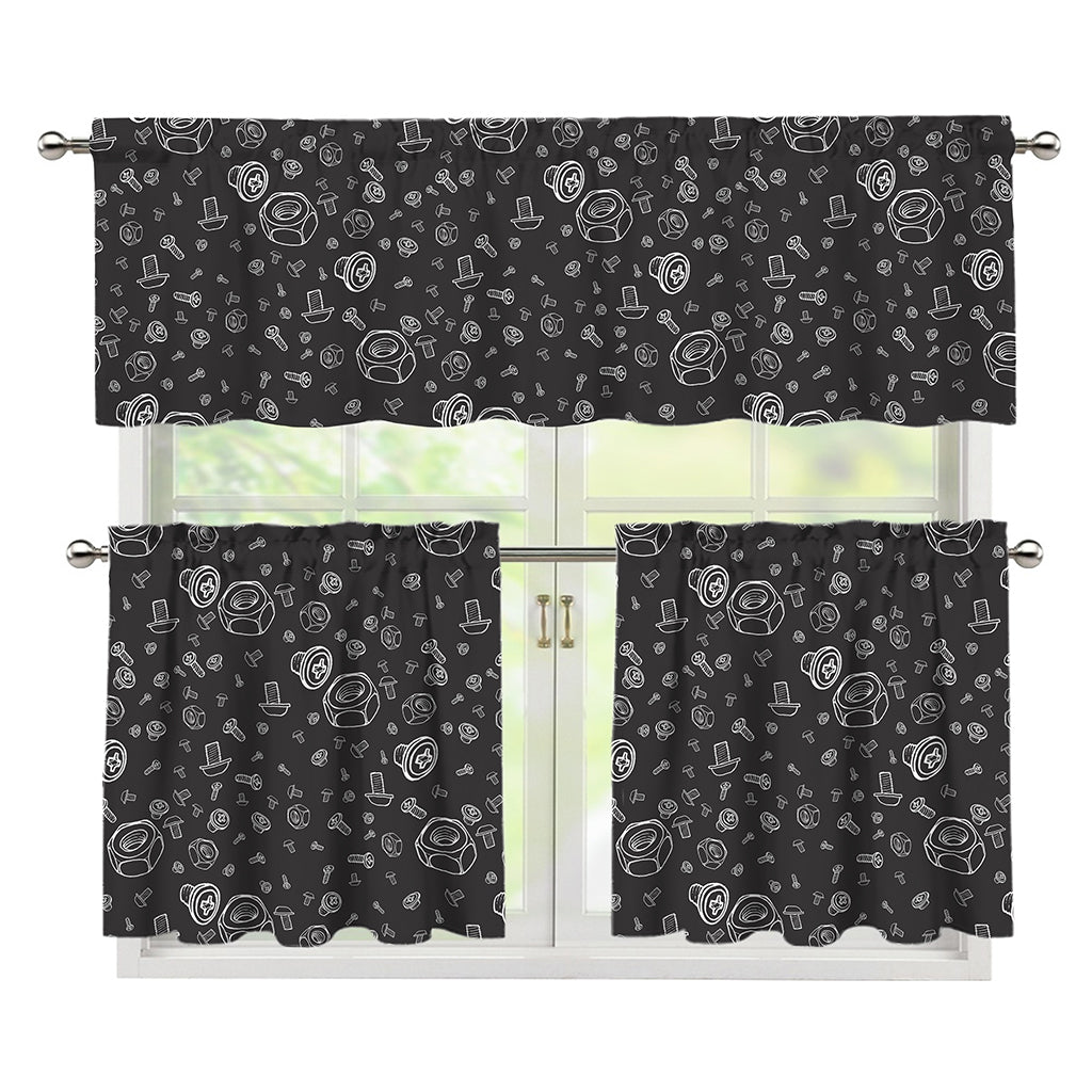 Mechanic Nuts and Bolts Pattern Print 3 Piece Kitchen Curtains