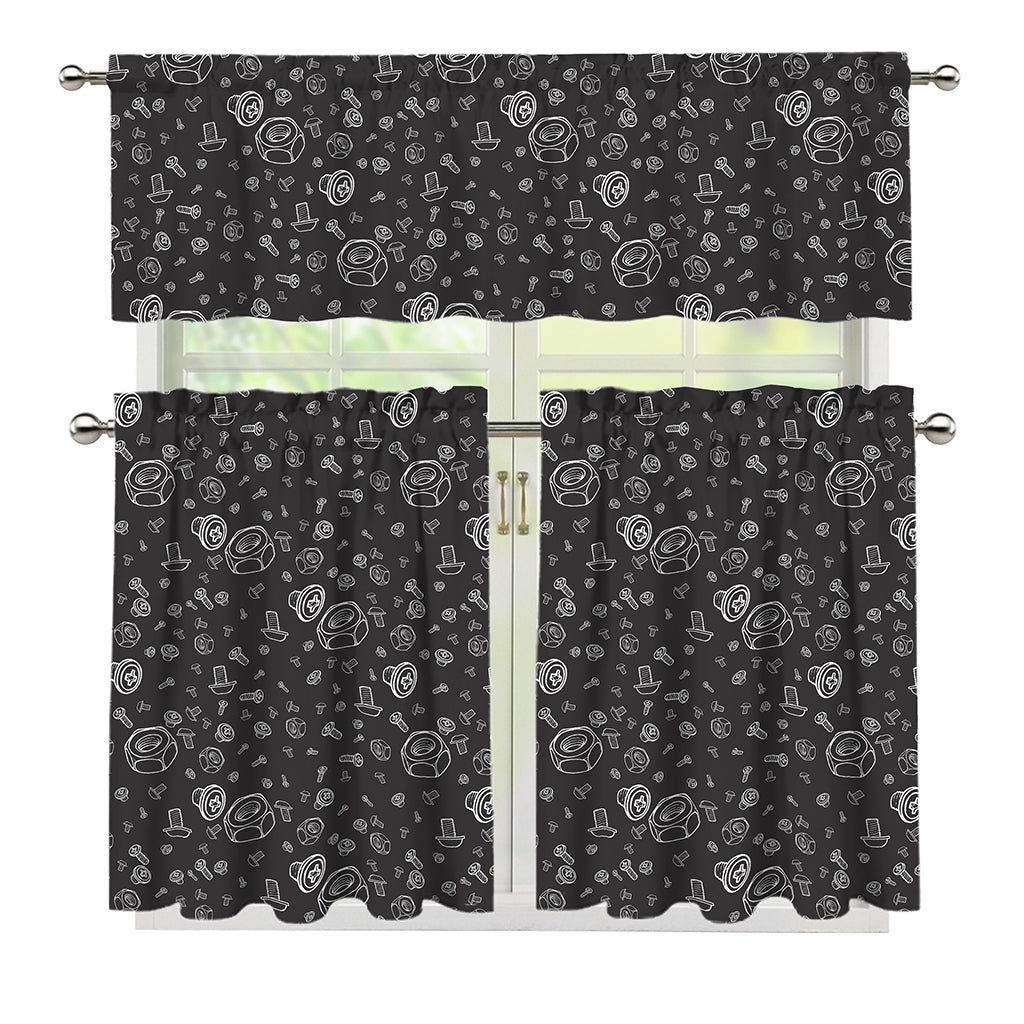 Mechanic Nuts and Bolts Pattern Print 3 Piece Kitchen Curtains